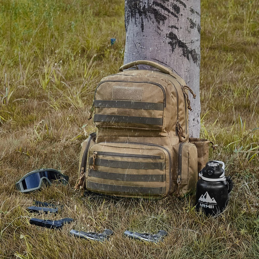 VEVOR Tactical Range Backpack for 6 Pistols, Gun Backpack with 6 Independent Pistol Bags & 10 Magazines, Pistol Backpack for Outdoor Hunting Shooting, Range Bag for Handguns Lockable Zipper,  Brown