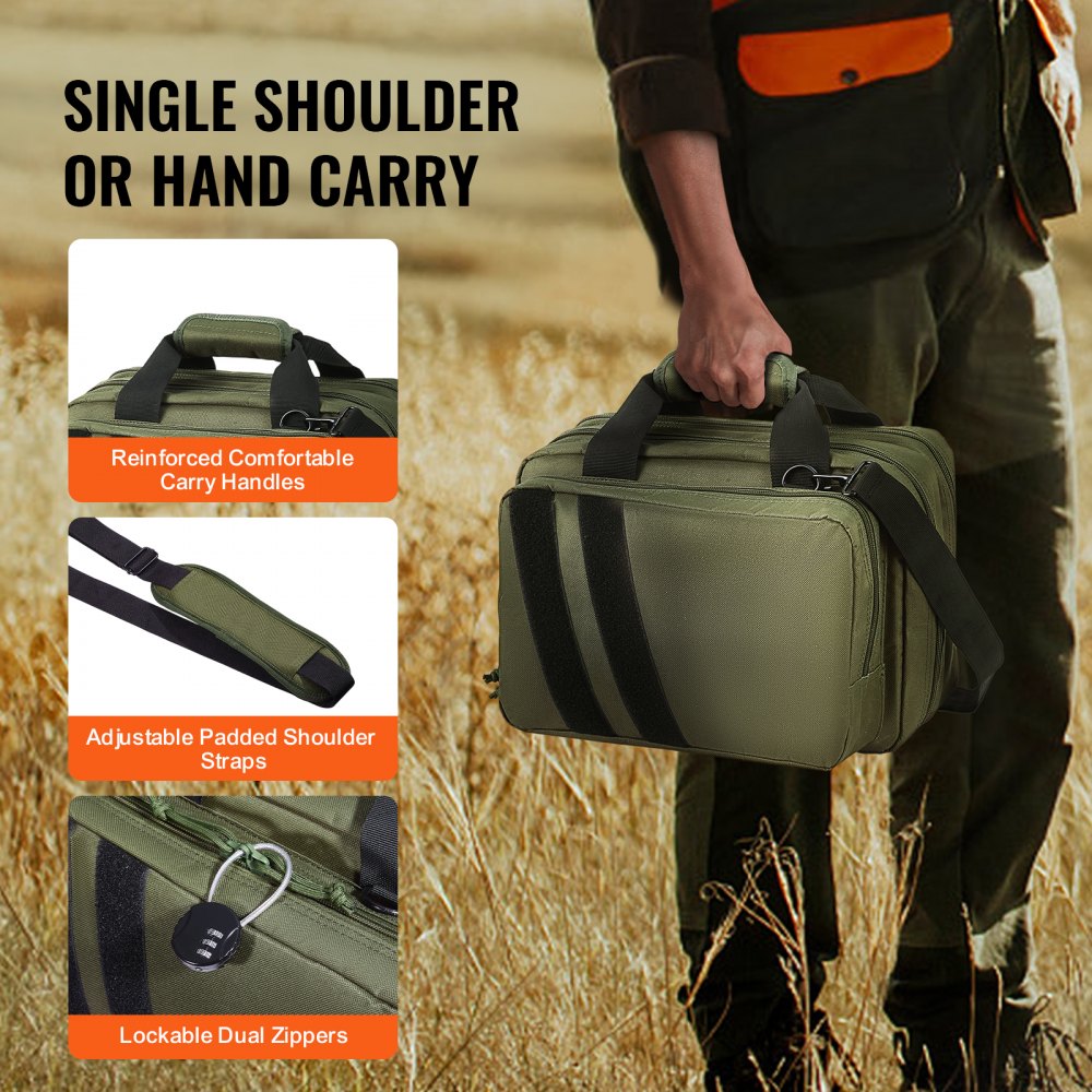 VEVOR Range Bag for 2 Pistols, Tactical Gun Bag with 2 Built-in Removable Pistol Bags & 6 Detachable Magazines, Gun Range Bag for Outdoor Hunting Shooting, Lockable Carrying Handgun Bag Case, Green