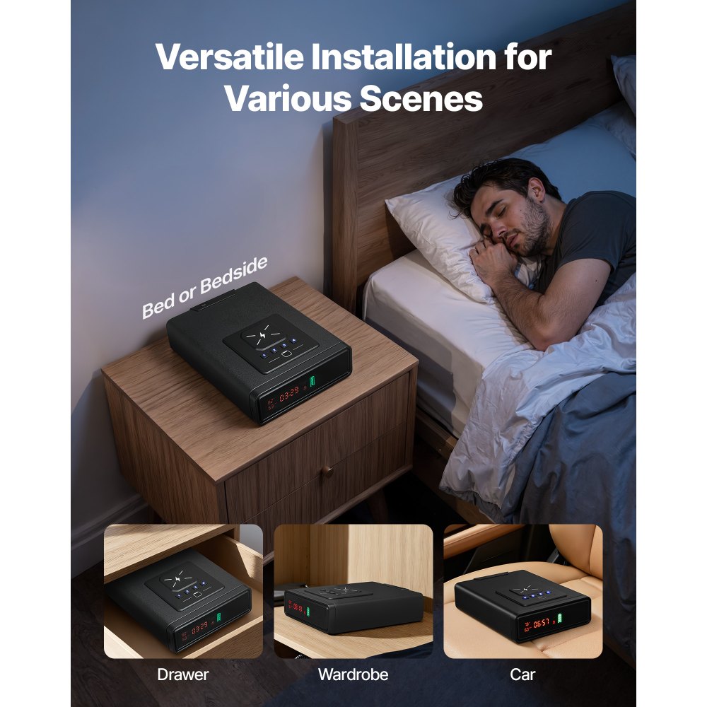 VEVOR Gun Safe, Pistol Handgun Drawer Safe with Fingerprint/Password/Key, 3-Way Quick Access Firearm Case Drawer with Screen for 2 Pistols & Magazines, Wireless Charging, for Desk Bedside Nightstand