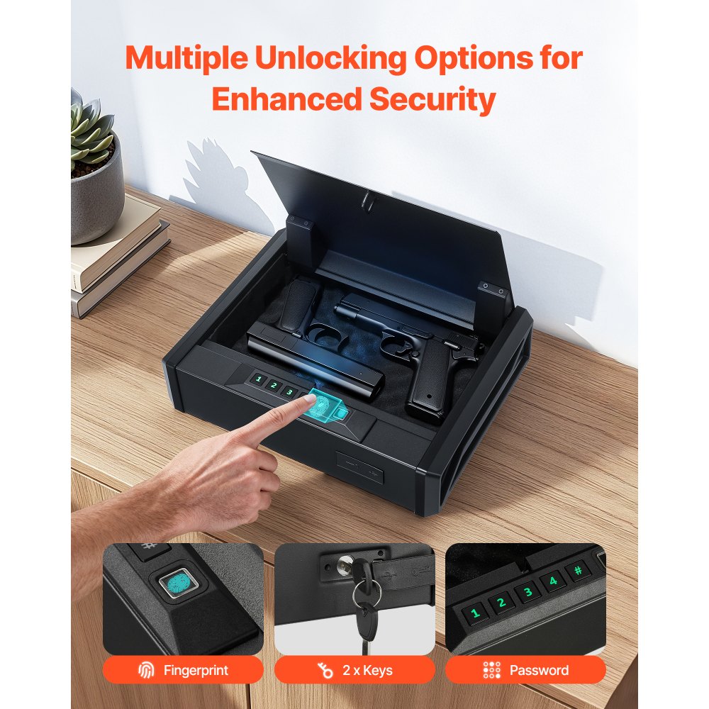 VEVOR Gun Safe, Heavy Duty Handgun Safe with Fingerprint/Password/Key, 3-Way Quick Access Firearm Case Box with Lighting for 2 Pistols & 2 Magazines, Pistol Gun Box for Nightstand Bedside Desk Car