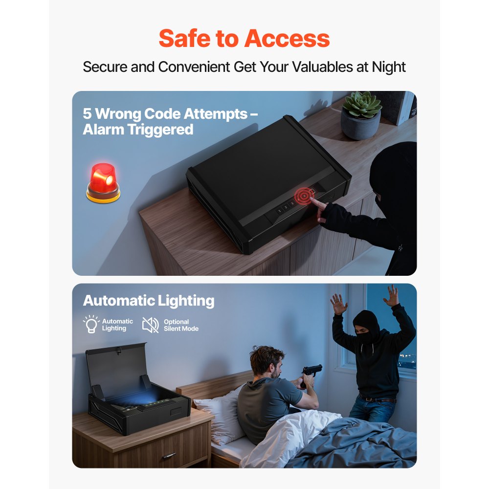 VEVOR Gun Safe, Heavy Duty Handgun Safe with Fingerprint/Password/Key, 3-Way Quick Access Firearm Case Box with Lighting for 2 Pistols & 2 Magazines, Pistol Gun Box for Nightstand Bedside Desk Car