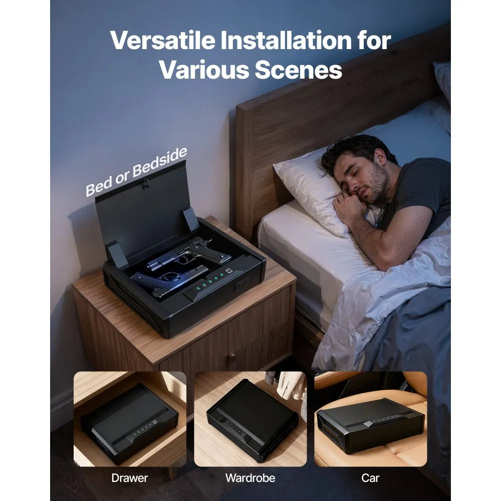 VEVOR Gun Safe, Heavy Duty Handgun Safe with Fingerprint/Password/Key, 3-Way Quick Access Firearm Case Box with Lighting for 2 Pistols & 2 Magazines, Pistol Gun Box for Nightstand Bedside Desk Car