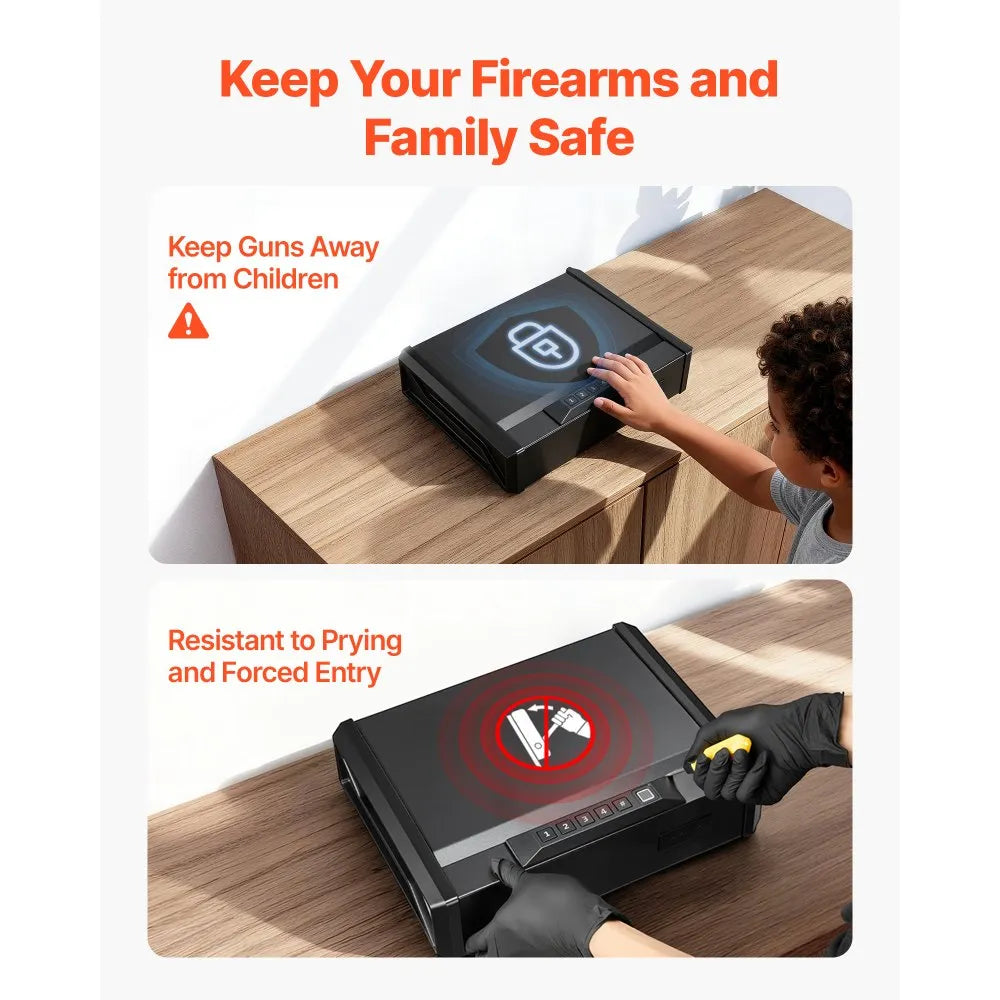 VEVOR Gun Safe, Heavy Duty Handgun Safe with Fingerprint/Password/Key, 3-Way Quick Access Firearm Case Box with Lighting for 2 Pistols & 2 Magazines, Pistol Gun Box for Nightstand Bedside Desk Car