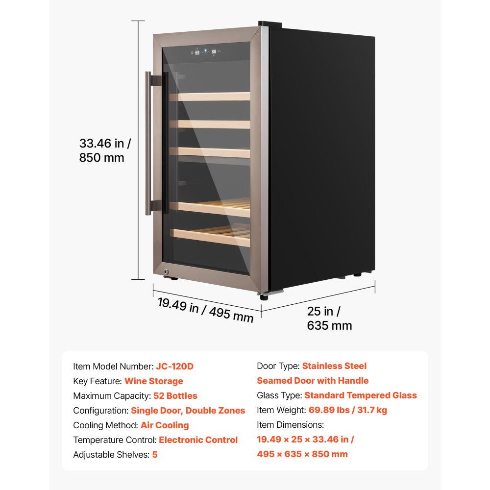 VEVOR 52 Bottle Wine Fridge, Freestanding Wine Cooler Refrigerator, Dual Zone Cooler, 41℉ to 65℉ Adjustable Temp Mini Cellar, Glass Door, For Home Office Bar, Red White Champagne or Sparkling Wines