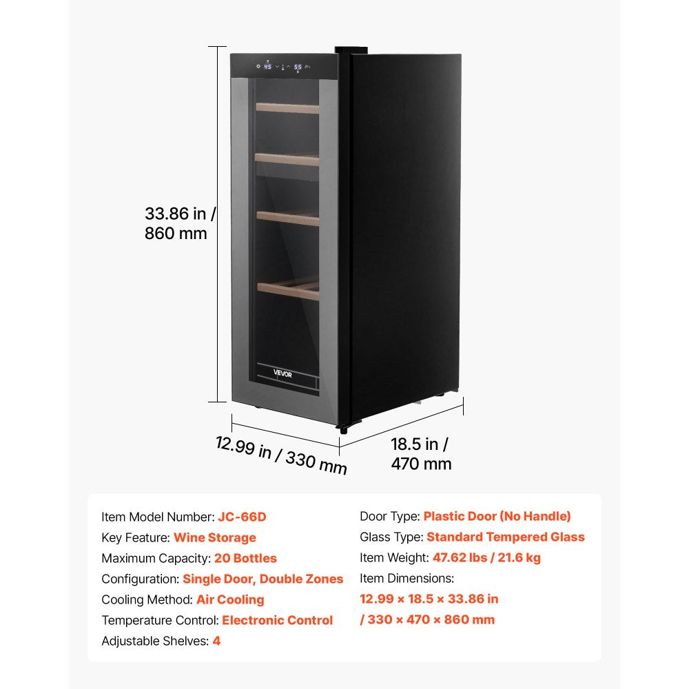 VEVOR 20 Bottle Wine Fridge, Freestanding Wine Cooler Refrigerator, Dual Zone Cooler, 41℉ to 65℉ Adjustable Temp Mini Cellar, Glass Door, For Home Office Bar, Red White Champagne or Sparkling Wines