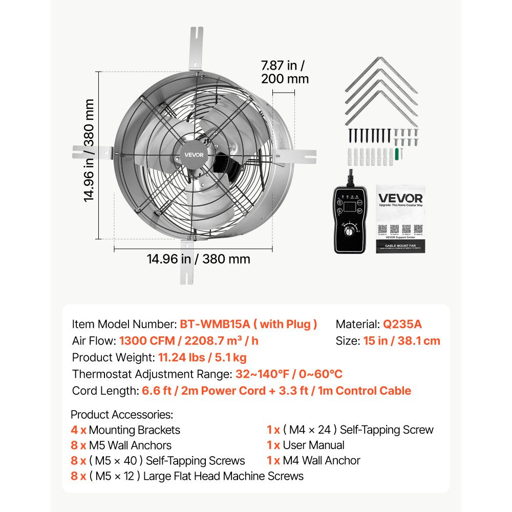 VEVOR Gable Mount Fan, 15 in Gable Attic Vent Exhaust Fan with Thermostat, 1300 CFM Cooling and Ventilation for Home, Garage, Warehouses, Workshops, Carbon Steel Housing with Mounting Bracket, Silver