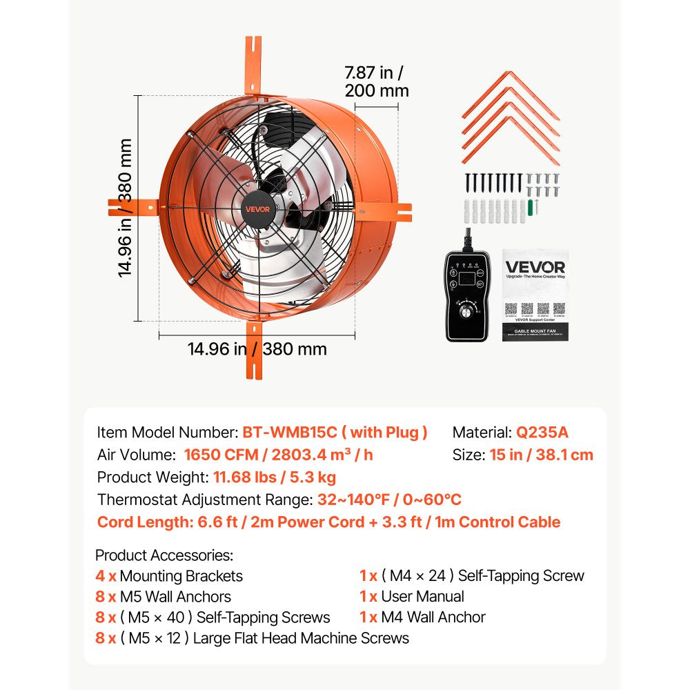 VEVOR Gable Mount Fan, 15 in Attic Vent Exhaust Fan 1650 CFM Thermostat, Cooling and Ventilation for Home, Garage, Warehouse, Workshop, Carbon Steel Housing with Mounting Brackets & Hardware, Orange