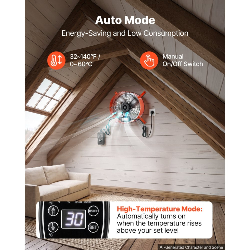 VEVOR Gable Mount Fan, 16 in Attic Vent Exhaust Fan 2940 CFM Thermostat, Cooling and Ventilation for Home, Garage, Warehouse, Workshop, Carbon Steel Housing with Mounting Brackets & Hardware, Orange