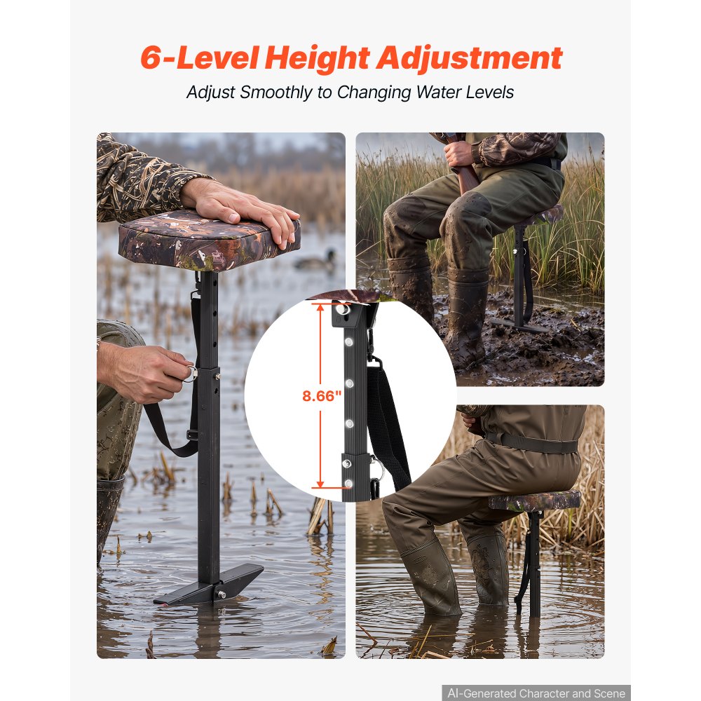 VEVOR Marsh Seat, 25.6-37 in Adjustable Duck Hunting Seat, 300 lb Capacity, Waterfowl Mud Seat for Wetlands & Swamps, 2 Large Mud Plates, Lightweight Aluminum Frame, 600D Camo Fabric & Shoulder Strap
