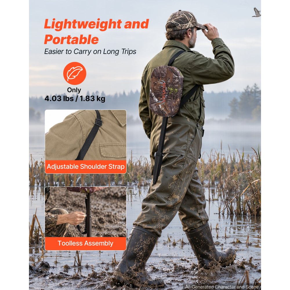 VEVOR Marsh Seat, 25.6-37 in Adjustable Duck Hunting Seat, 300 lb Capacity, Waterfowl Mud Seat for Wetlands & Swamps, 2 Large Mud Plates, Lightweight Aluminum Frame, 600D Camo Fabric & Shoulder Strap