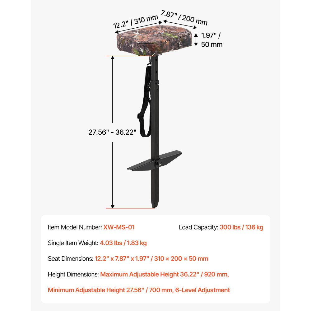 VEVOR Marsh Seat, 25.6-37 in Adjustable Duck Hunting Seat, 300 lb Capacity, Waterfowl Mud Seat for Wetlands & Swamps, 2 Large Mud Plates, Lightweight Aluminum Frame, 600D Camo Fabric & Shoulder Strap