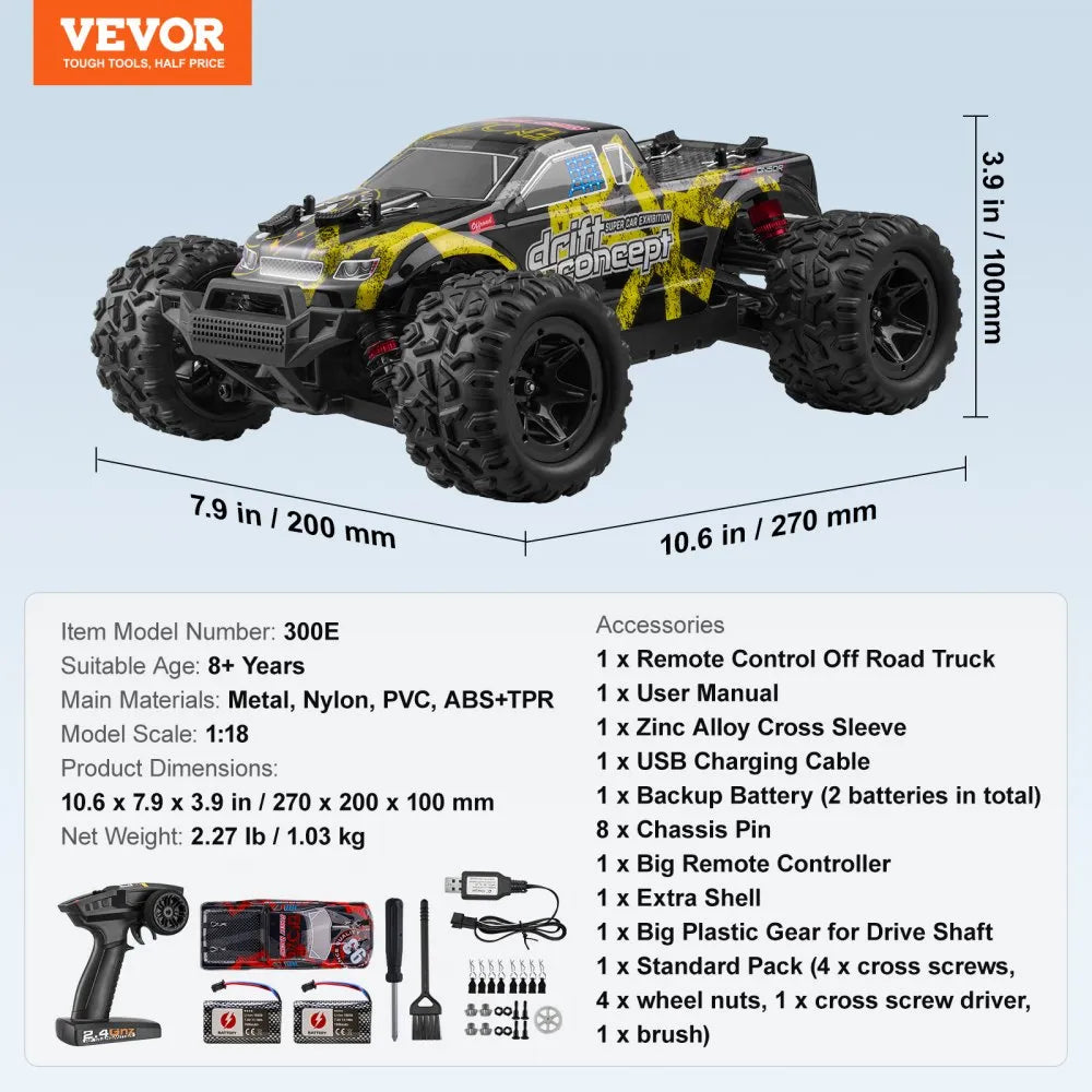 VEVOR Remote Control Car, 1:18 Scale RC Car for Kids, All Terrain 4WD Off-Road Truck with 45° Wheelie & Adjustable Speed, 45 km/h High-Speed Hobby RC Racing Car Toy, Ideal Gift for 8+ Year Kids, IPX4