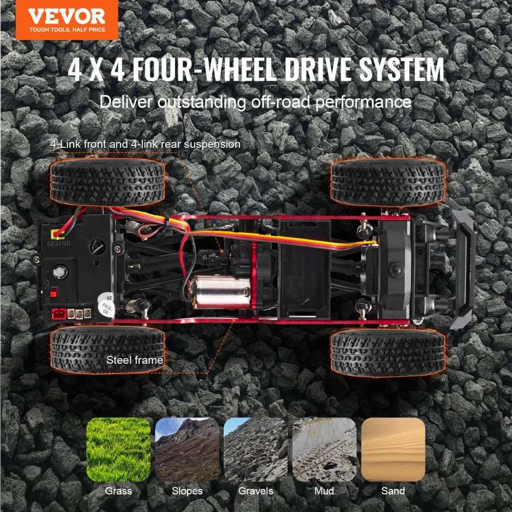VEVOR Remote Control Car, 1:24 Scale RC Car for Kids, All Terrain 4WD Off-Road Truck with Full Lighting, 1 Extra Shell & 2 Rechargeable Batteries, 2-Speed Hobby Racing Car for 14+ Years Boys Girls