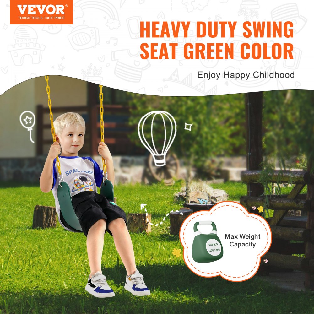 VEVOR 2-Pack Swing Seats, with 66 Inch Coated Chains and Snap Hooks, Support 300 lbs Swings Replacement for Outdoor Swing Set, Swing Set Accessories for Kids, for Outdoor and Indoor Use, Green