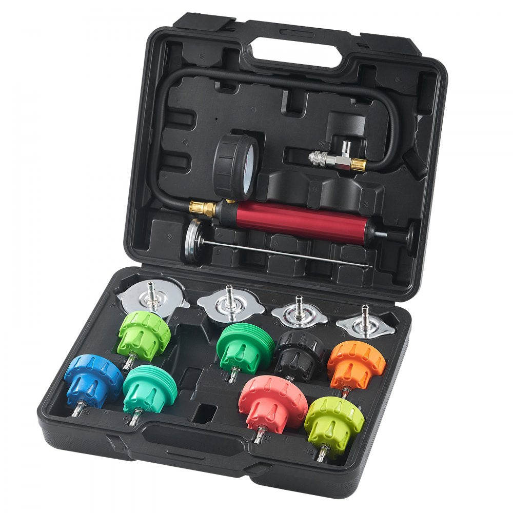 VEVOR 14 pcs Universal Radiator Pressure Tester Kit, Coolant Pressure Tester Kit with Manual Pump and Color-coded Steel Test Cap Adapters, with Toolbox, For Cars Motorcycles Trucks Cooling System