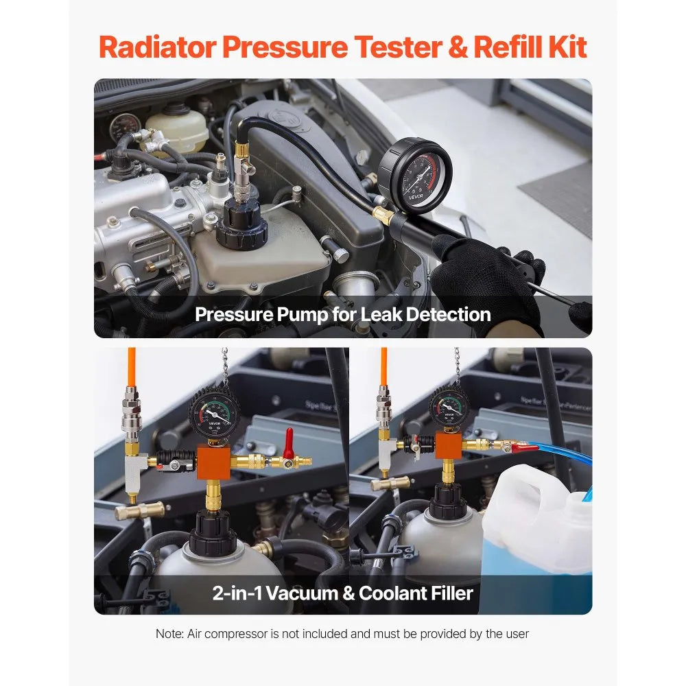 VEVOR Coolant Pressure Tester Kit, 28Pcs Radiator Vacuum Refill Kit with 4 Adapters, Universal Fit, Automotive Cooling System Pressure Tester Kit, with Pressure Pump & Aluminum Alloy Purge Filler