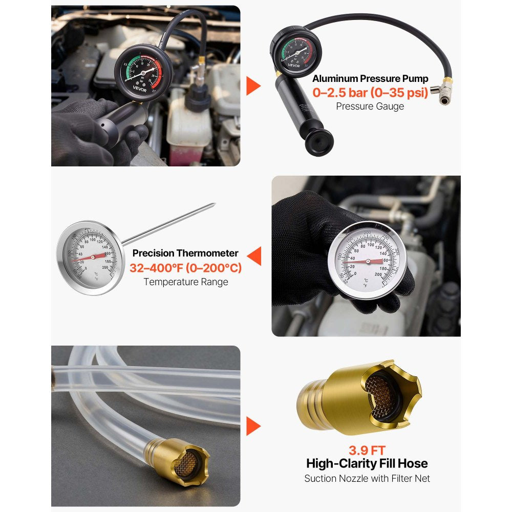 VEVOR Coolant Pressure Tester Kit, 28Pcs Radiator Vacuum Refill Kit with 4 Adapters, Universal Fit, Automotive Cooling System Pressure Tester Kit, with Pressure Pump & Aluminum Alloy Purge Filler