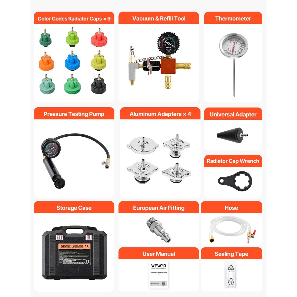 VEVOR Coolant Pressure Tester Kit, 28Pcs Radiator Vacuum Refill Kit with 4 Adapters, Universal Fit, Automotive Cooling System Pressure Tester Kit, with Pressure Pump & Aluminum Alloy Purge Filler