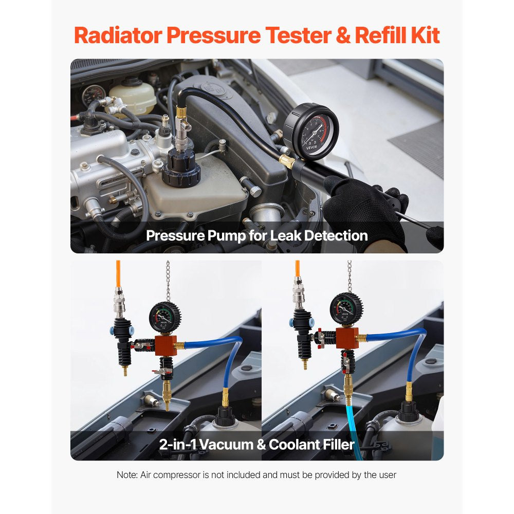 VEVOR Coolant Pressure Tester Kit, 47Pcs Radiator Vacuum Refill Kit with 3 Metal Adapters, Universal Fit, Automotive Cooling System Pressure Tester Tool, with Pressures Pump & Aluminum-Plastic Filler