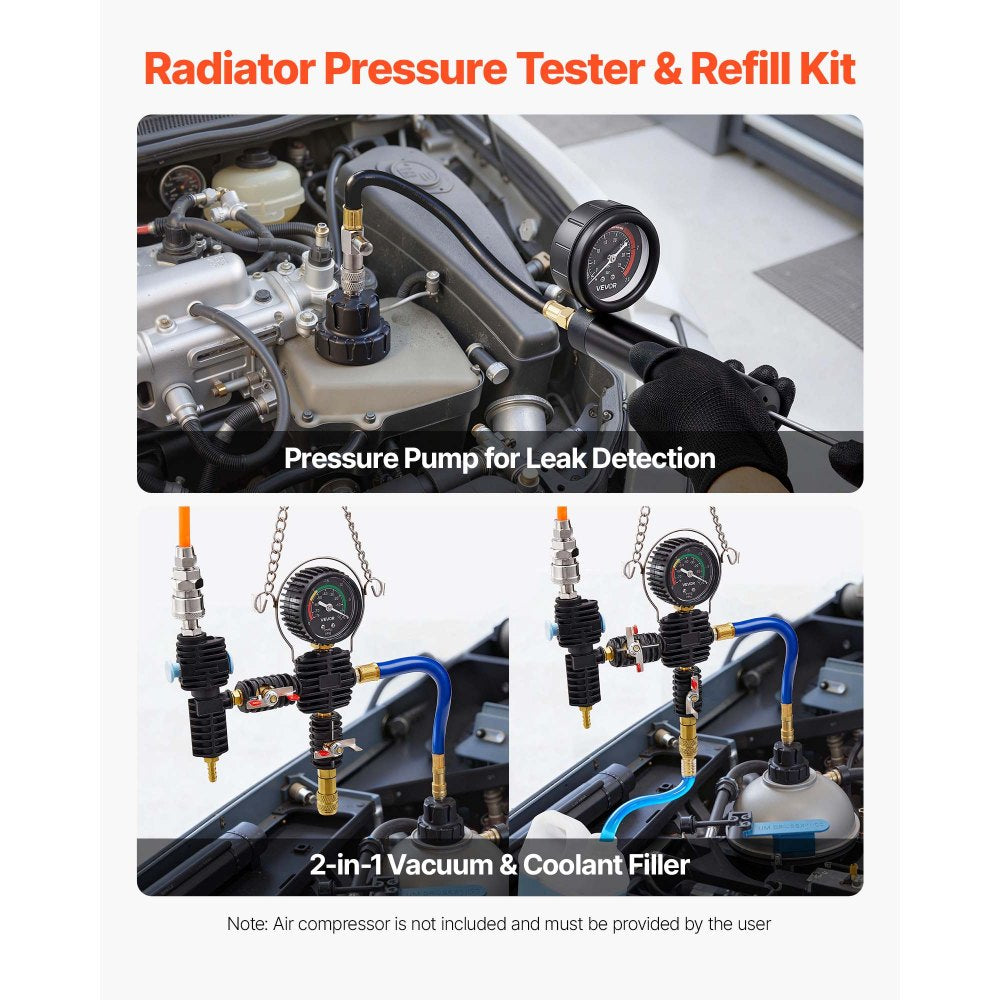 VEVOR Coolant Pressure Tester Kit, 47Pcs Radiator Vacuum Refill Kit with 3 Metal Adapters, Universal Fit, Automotive Cooling System Pressure Tester Tool, with Pressures Pump & Plastic Filler