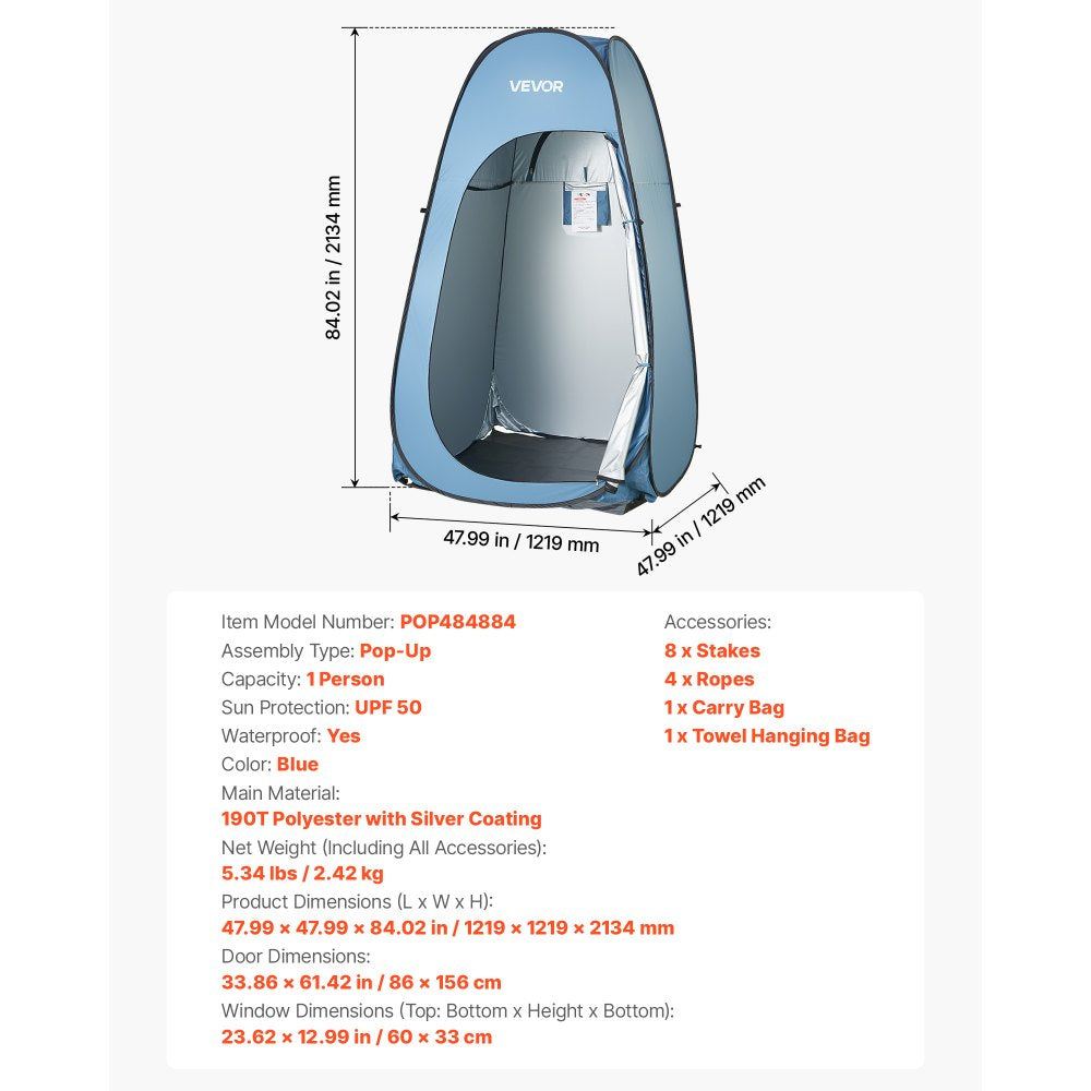 VEVOR Pop up Shower Tent, Instant Portable Privacy Tent Changing Room with Hanging Bag, Ground Stakes, Ropes, Carry Bag, 190T Polyester with Silver Coating, Quick Setup, for Camping, Beach, Fishing