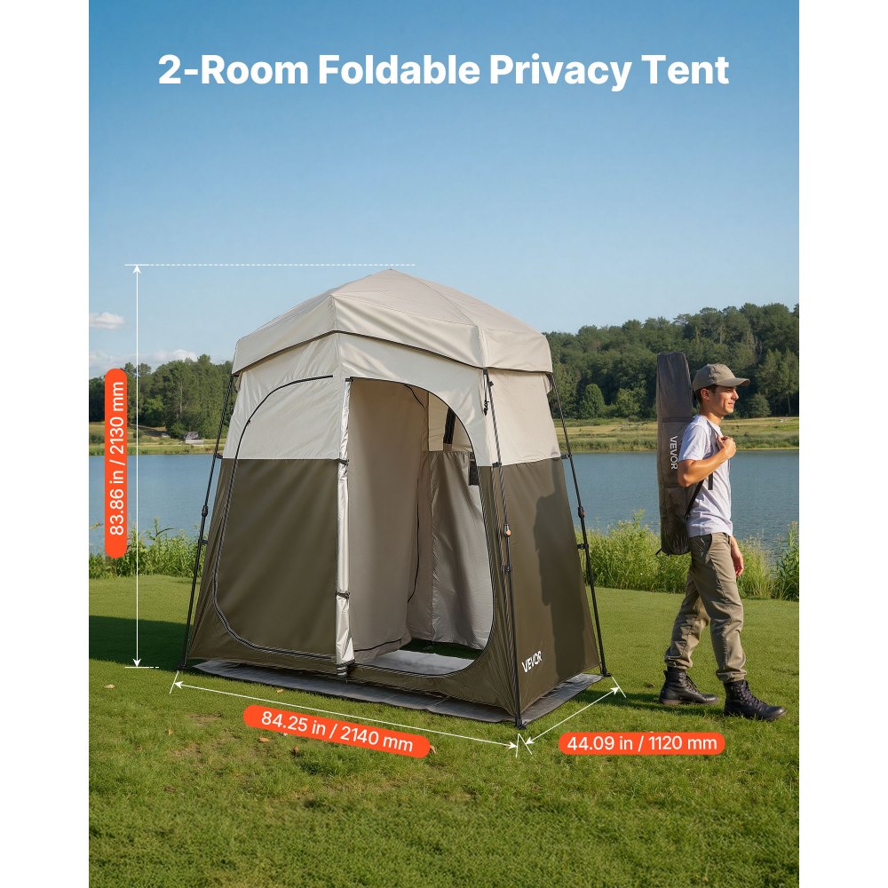 VEVOR Camping Shower Tent, 2-Room Foldable Portable Privacy Tent Changing Room with Ground Stakes, Ropes, and Carry Bag, 150D Oxford Fabric with Silver Coating, for Camping, Beach, and Fishing