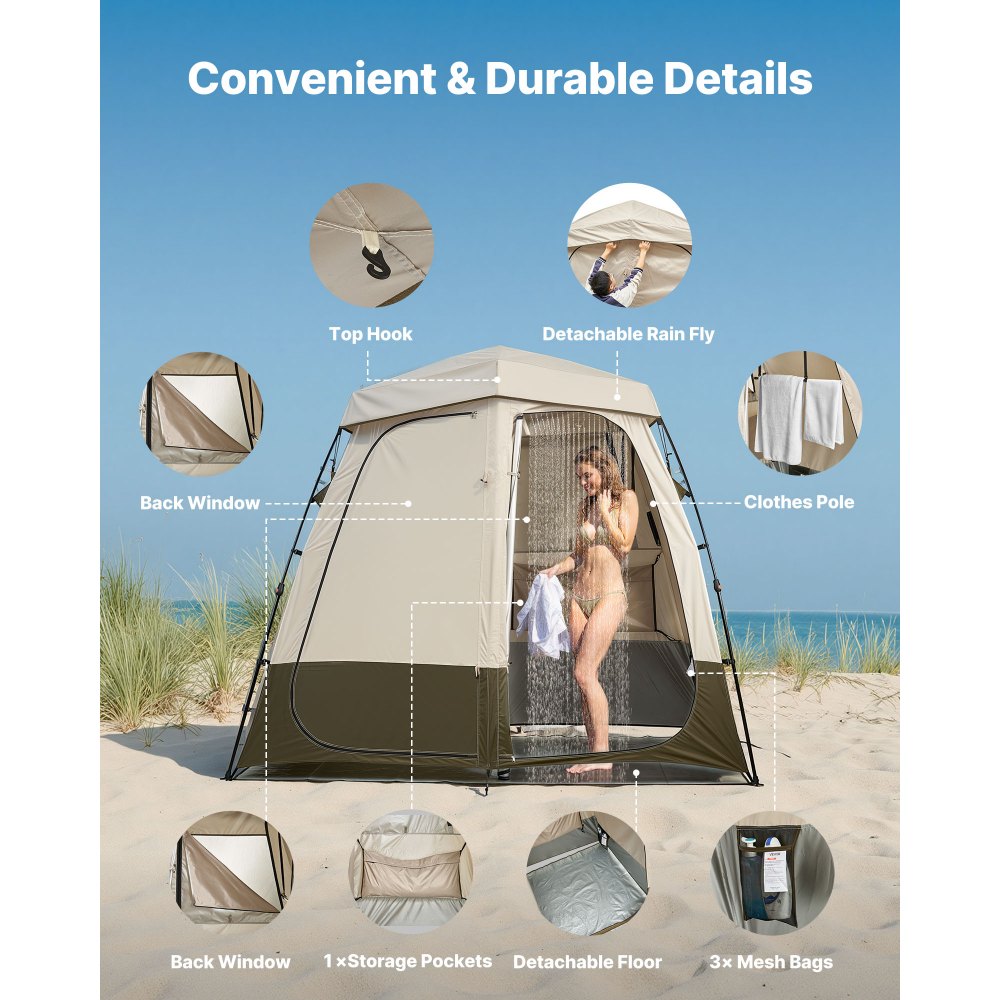 VEVOR Camping Shower Tent 2-Room Foldable Privacy Tent Changing Room with Ground Stakes Ropes Carry Bag and Crossbar 150D Oxford Fabric with Silver