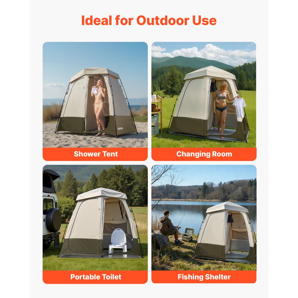 VEVOR Camping Shower Tent 2-Room Foldable Privacy Tent Changing Room with Ground Stakes Ropes Carry Bag and Crossbar 150D Oxford Fabric with Silver