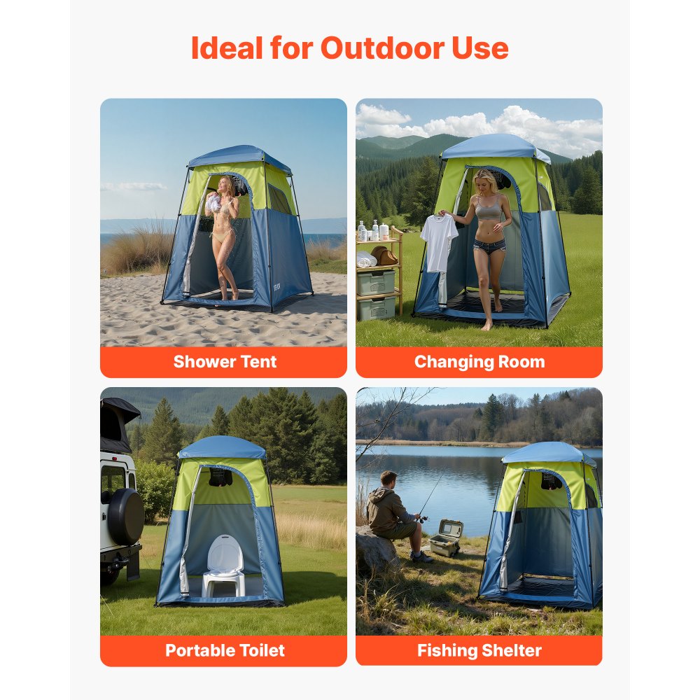 VEVOR Camping Shower Tent, 1 Room, Portable Privacy Tent Changing Room with Shower Bag, Ground Stakes, Ropes, Carry Bag, and Support Poles, 150D Oxford Fabric with Silver Coating, for Camping, Fishing