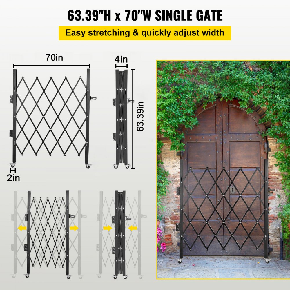 VEVOR Single Folding Security Gate, 5\' H x 5-1/2\' W Folding Door Gate, Steel Accordion Security Gate, Flexible Expanding Security Gate, 360° Rolling Barricade Gate, Scissor Gate/Door with Padlock