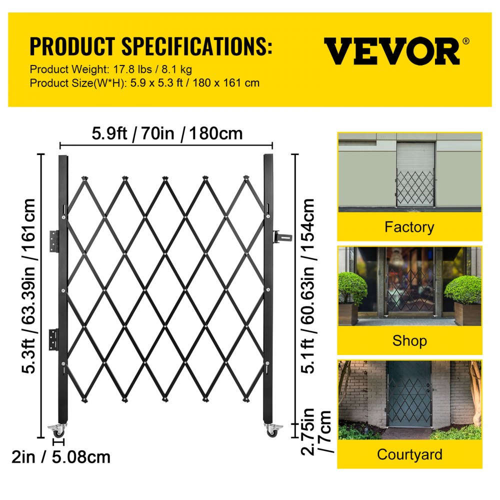 VEVOR Single Folding Security Gate, 5\' H x 5-1/2\' W Folding Door Gate, Steel Accordion Security Gate, Flexible Expanding Security Gate, 360° Rolling Barricade Gate, Scissor Gate/Door with Padlock