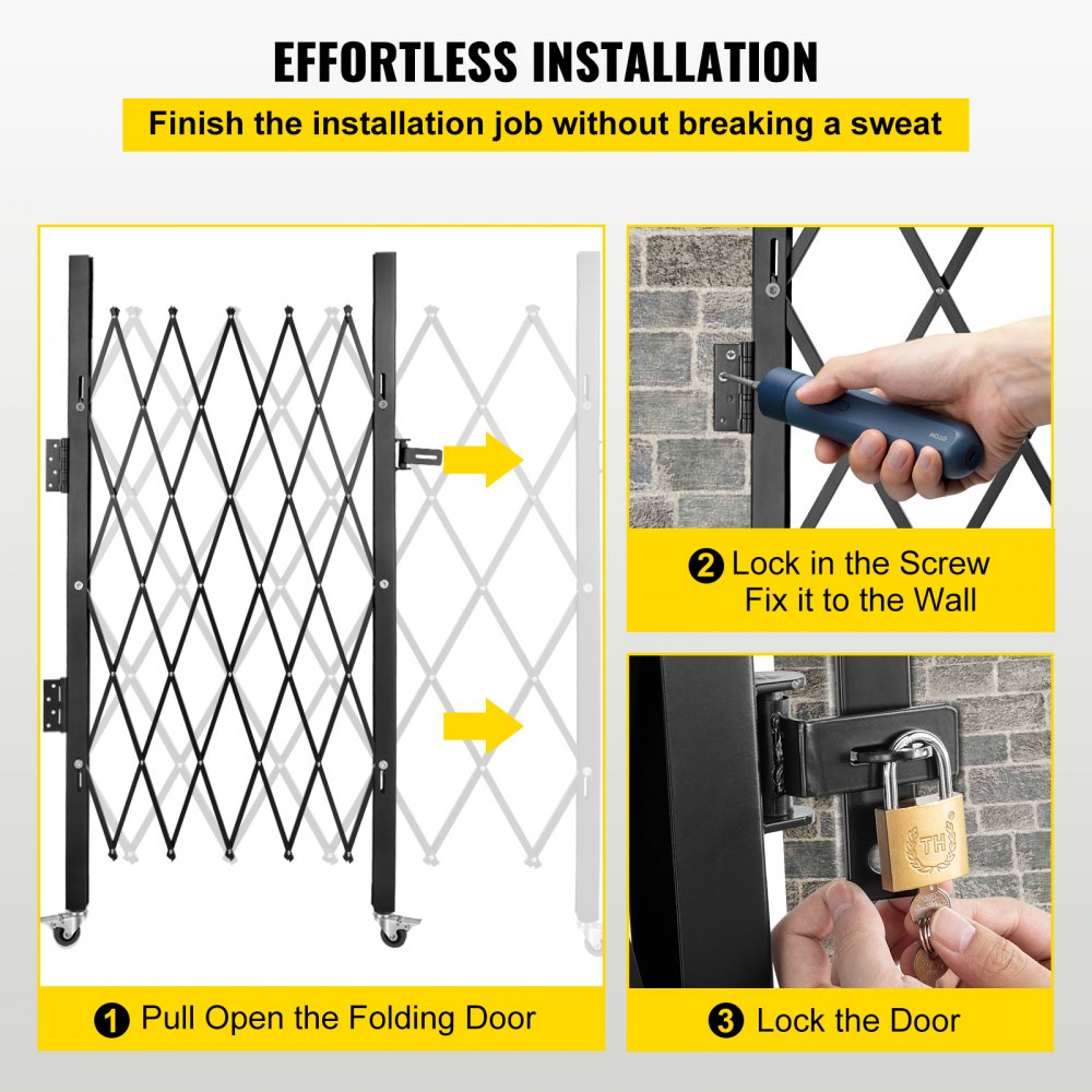 VEVOR Single Folding Security Gate, 48\" H x 66\" W Folding Door Gate, Steel Accordion Security Gate, Flexible Expanding Security Gate, 360° Rolling Barricade Gate, Scissor Gate or Door with Padlock