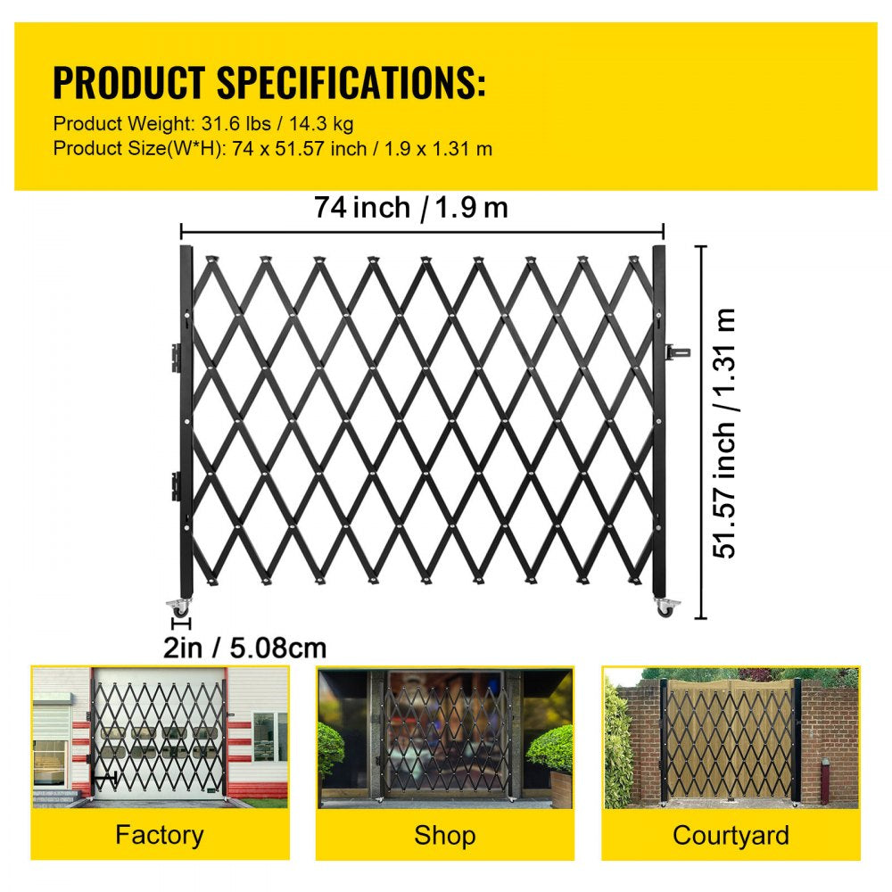 Single Folding Security Gate, 74"W x 51.57"H Folding Door Gate, Steel Accordion Security Gate, Flexible Expanding Security Gate, 360° Rolling Barricade Gate, Scissor Gate or Door with Padlock