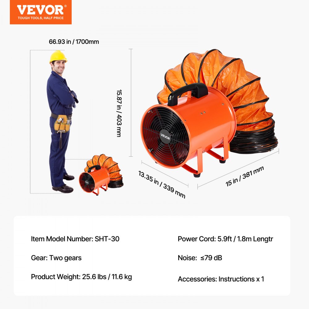 VEVOR Portable Ventilator, 12 inch Heavy Duty Cylinder Fan with 16.4ft Duct Hose, 560W Strong Shop Exhaust Blower 2894CFM, Industrial Utility Blower for Sucking Dust, Smoke, Smoke Home/Workplace
