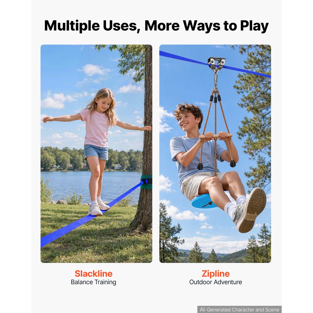 VEVOR Zipline Kit, 52 ft, Polyester Strap, Backyard Zipline, Up to 330 lb, for Backyard Play, Durable Zipline for Kids with Ratchet Tensioner, Swing Seat & 3-in-1 Setup, Ages 6-16, Not for Adults