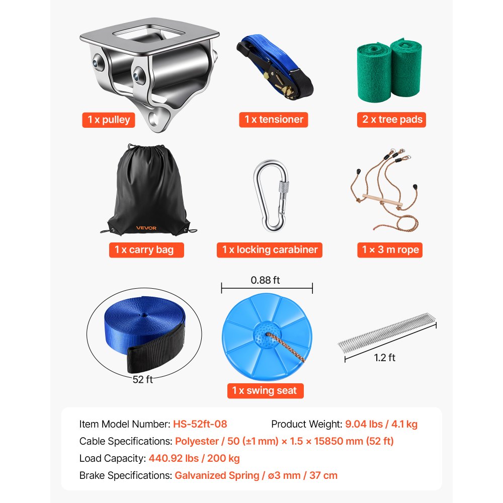 VEVOR Zipline Kit, 52 ft, Polyester Strap, Backyard Zipline, Up to 330 lb, for Backyard Play, Durable Zipline for Kids with Ratchet Tensioner, Swing Seat & 3-in-1 Setup, Ages 6-16, Not for Adults