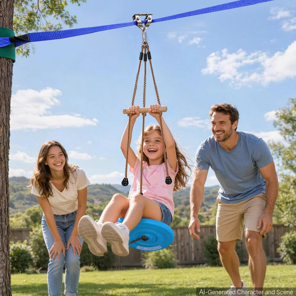 VEVOR Zipline Kit, 52 ft, Polyester Strap, Backyard Zipline, Up to 330 lb, for Backyard Play, Durable Zipline for Kids with Ratchet Tensioner, Swing Seat & 3-in-1 Setup, Ages 6-16, Not for Adults