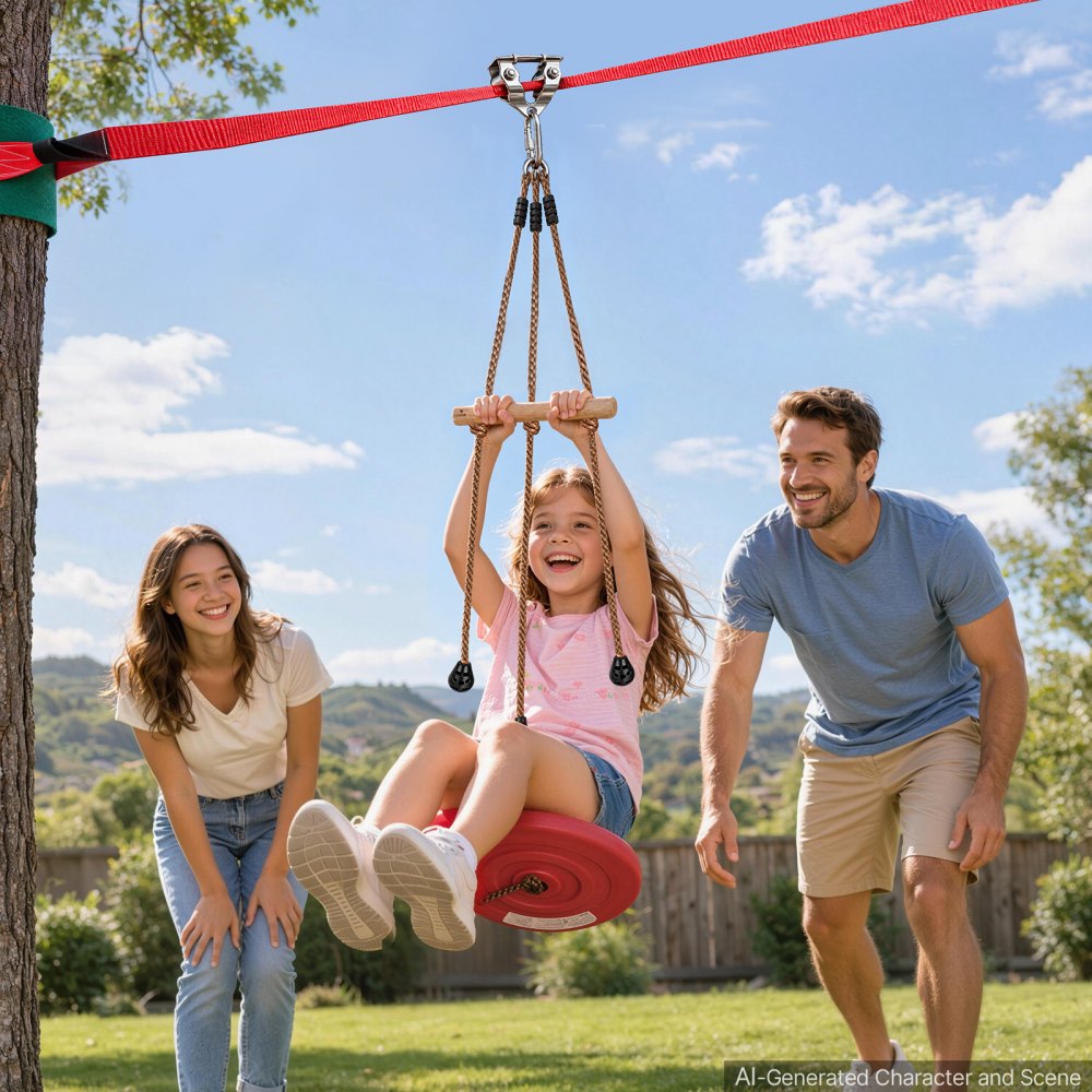 VEVOR Zipline Kit, 65 ft, Polyester Strap, Backyard Zipline, Up to 330 lb, for Backyard Play, Durable Zipline for Kids with Ratchet Tensioner, Swing Seat & 3-in-1 Setup, Ages 6-16, Not for Adults