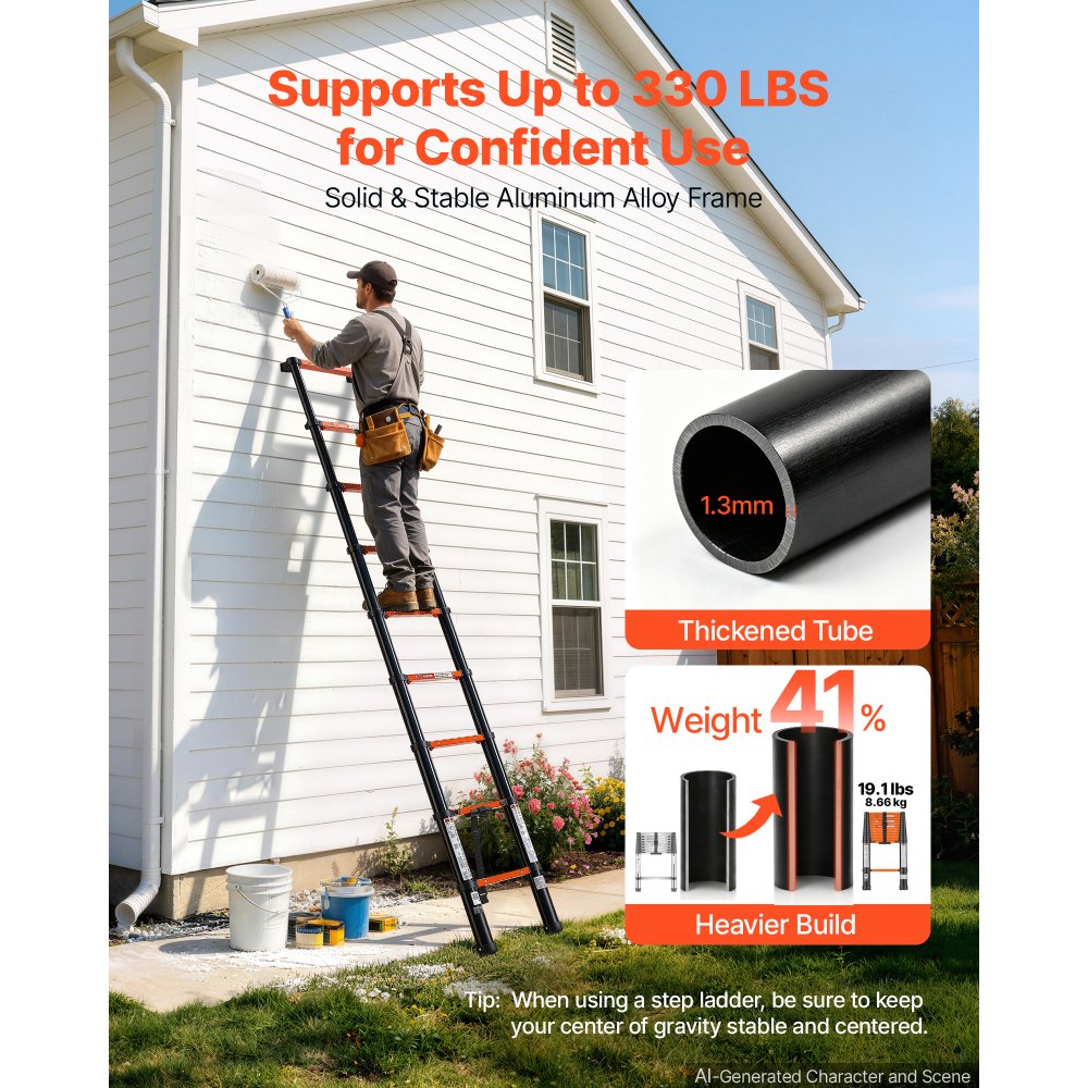 VEVOR Telescoping Ladder, 8.5 ft Extension Ladder One-Button Retraction, Heavy-Duty 330 lbs Capacity, for Home Repairs, Painting, Window Cleaning and RV, Aluminum, Anti-Slip Steps, Orange & Black