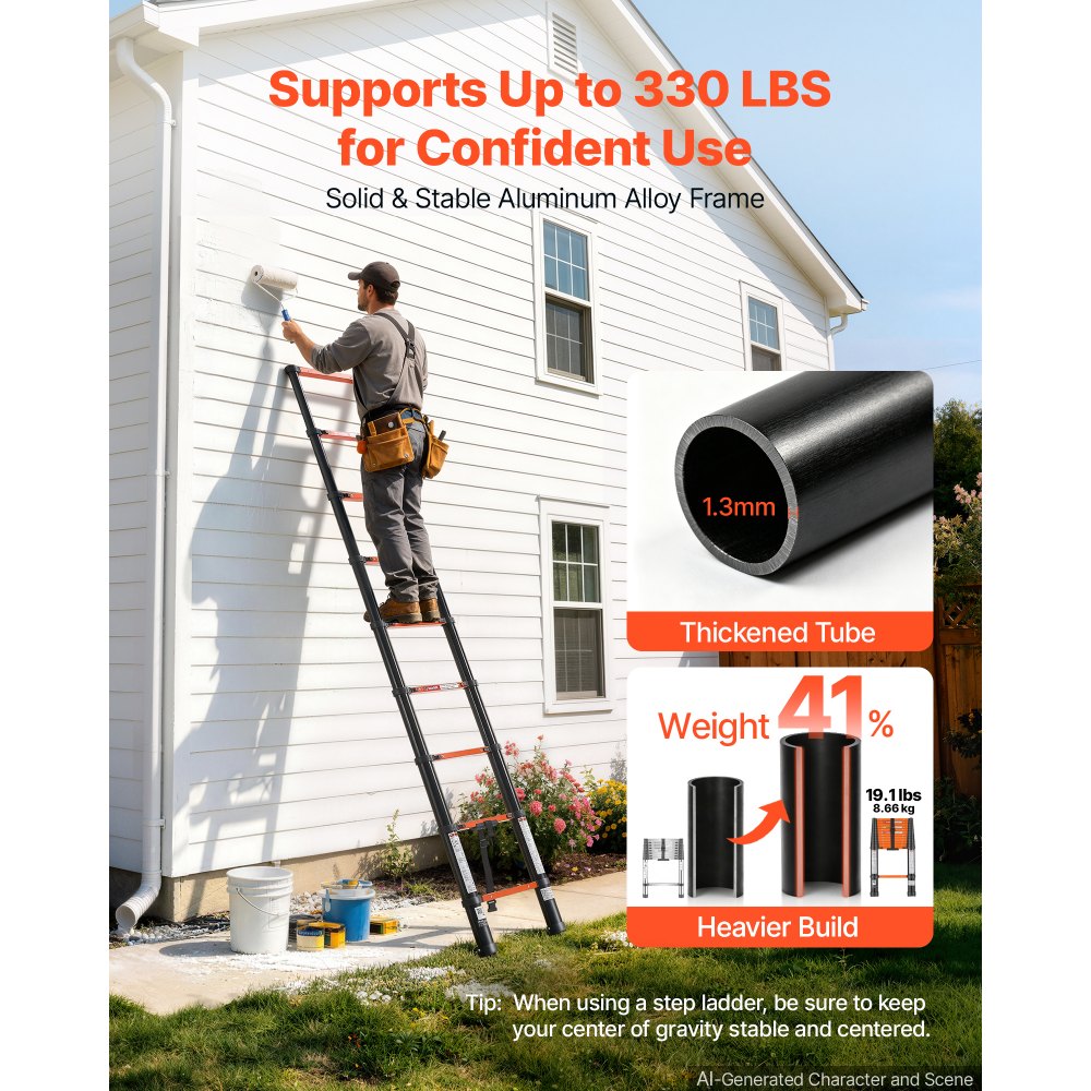 VEVOR Telescoping Ladder, 8.5 ft Extension Ladder Multi-Button Retraction, Heavy-Duty 330 lbs Capacity, for Home Repairs, Painting, Window Cleaning and RV, Aluminum, Anti-Slip Steps, Orange & Black