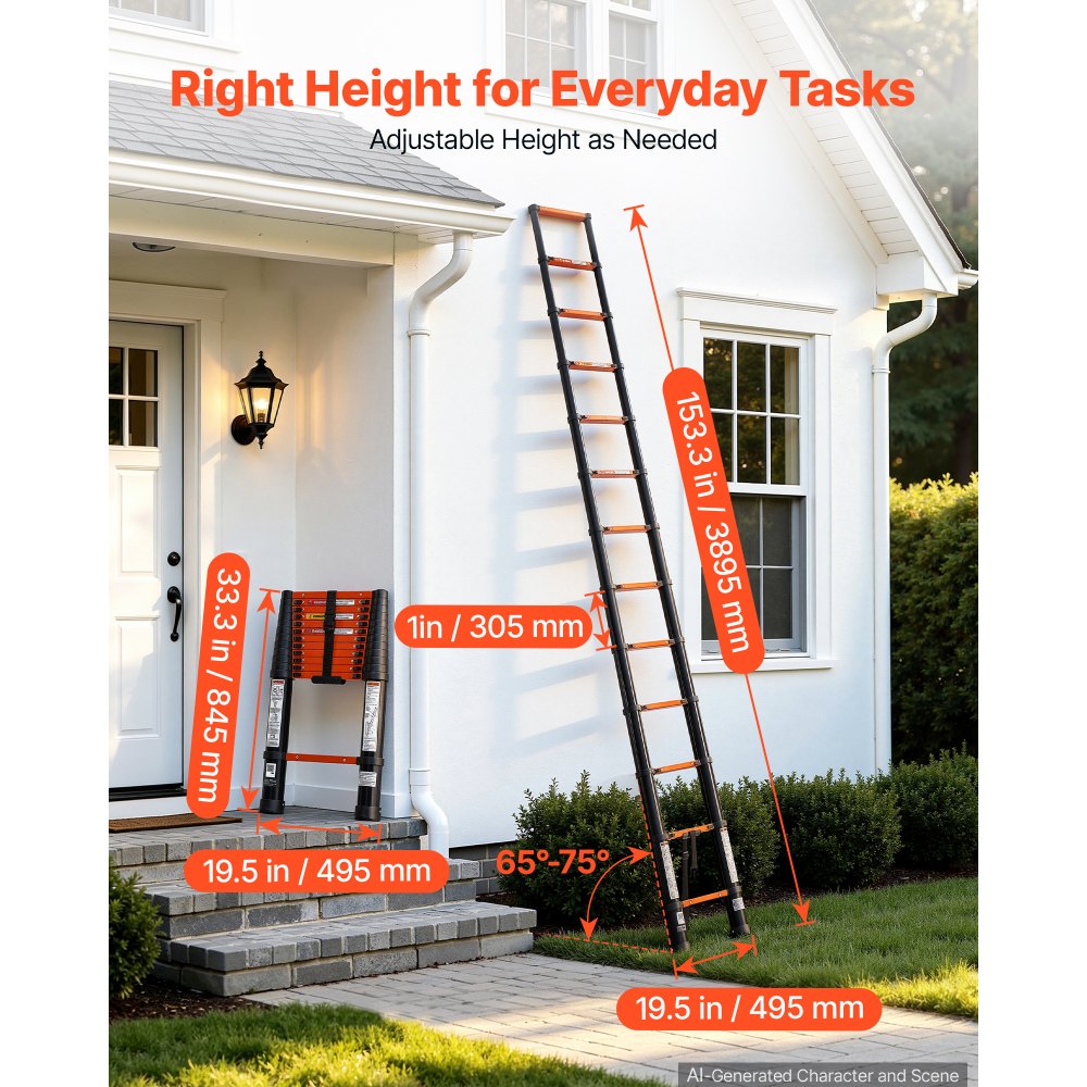 VEVOR Telescoping Ladder, 12.5 ft Extension Ladder Multi-Button Retraction, Heavy-Duty 330 lbs Capacity, for Home Repairs, Painting, Window Cleaning and RV, Aluminum, Anti-Slip Steps, Orange & Black
