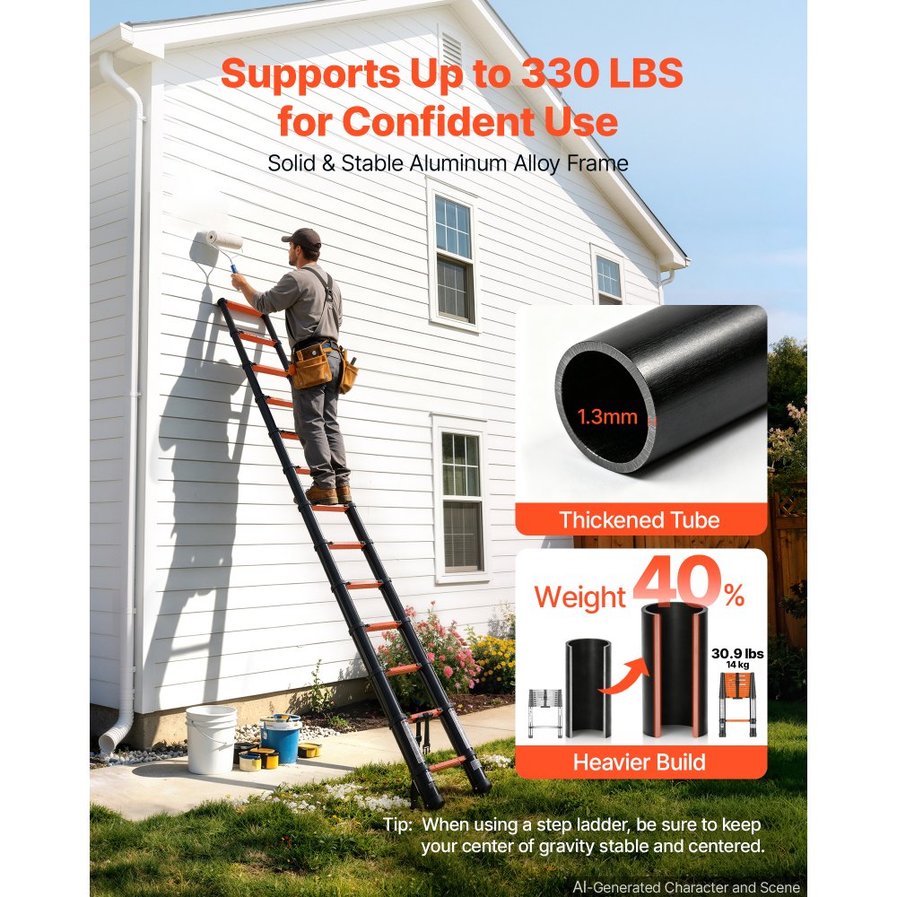 VEVOR Telescoping Ladder, 12.5 ft Extension Ladder Multi-Button Retraction, Heavy-Duty 330 lbs Capacity, for Home Repairs, Painting, Window Cleaning and RV, Aluminum, Anti-Slip Steps, Orange & Black