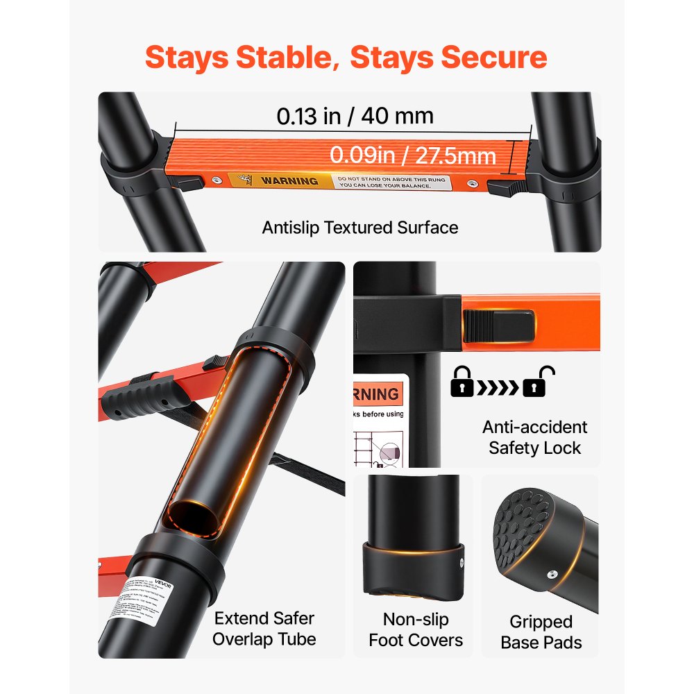 VEVOR Telescoping Ladder, 12.5 ft Extension Ladder Multi-Button Retraction, Heavy-Duty 330 lbs Capacity, for Home Repairs, Painting, Window Cleaning and RV, Aluminum, Anti-Slip Steps, Orange & Black