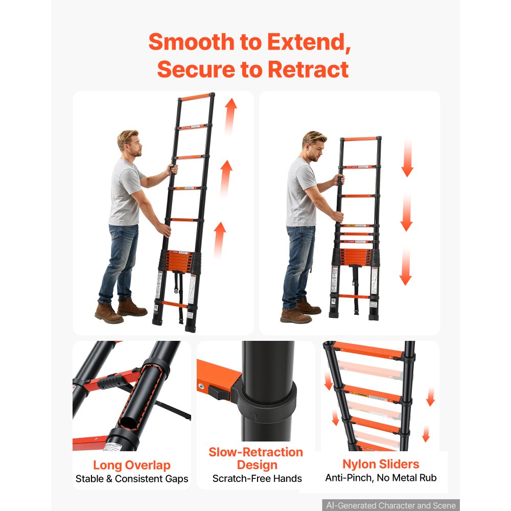 VEVOR Telescoping Ladder, 12.5 ft Extension Ladder Multi-Button Retraction, Heavy-Duty 330 lbs Capacity, for Home Repairs, Painting, Window Cleaning and RV, Aluminum, Anti-Slip Steps, Orange & Black