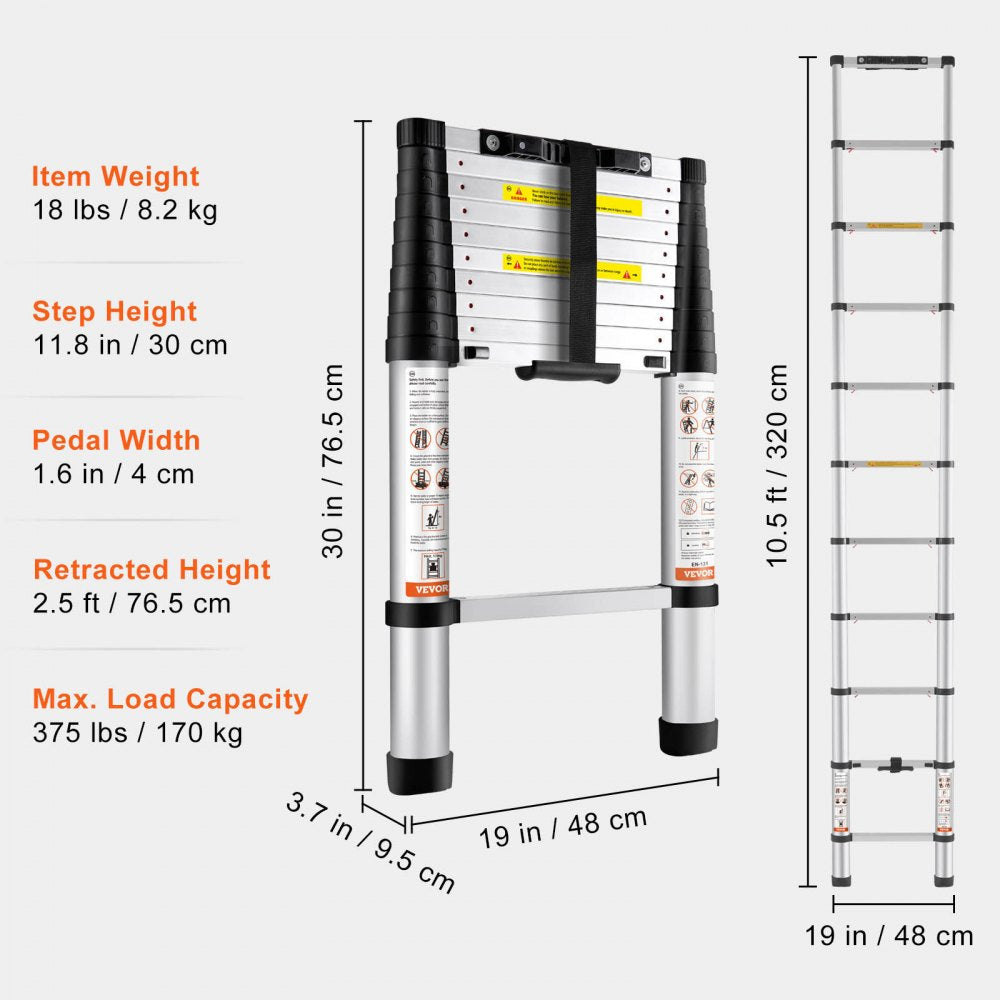 VEVOR Telescoping Ladder, 10.5 FT Aluminum One-button Retraction Collapsible Extension Ladder, 375 LBS Capacity with Non-slip Feet, Portable Multi-purpose Compact Ladder for Home, RV, Loft, ANSI Liste