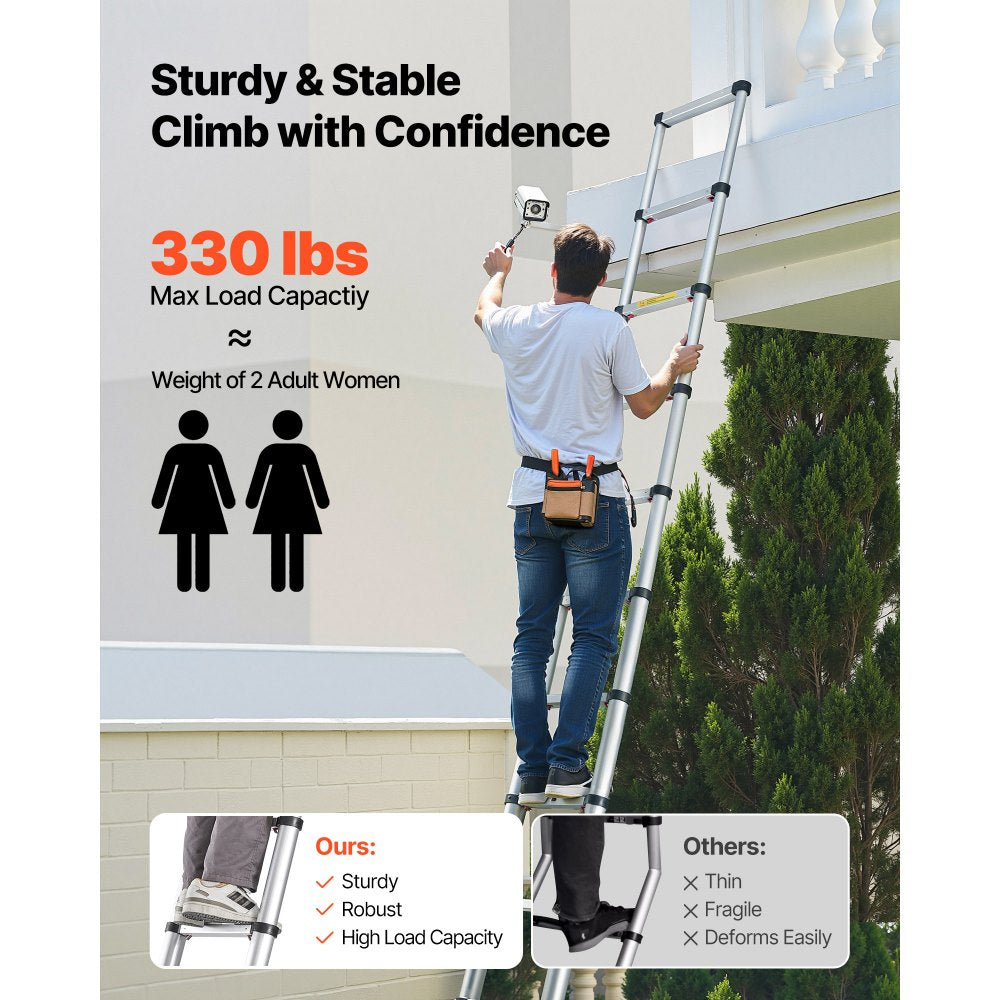 VEVOR 12.5ft Telescoping Ladder, Aluminum Lightweight Multi-Purpose Collapsible Extension, One-Touch Retraction Ladder, Heavy Duty 330LBS Max Capacity with Non-Slip Feet, for Home, Outdoor Work, Loft