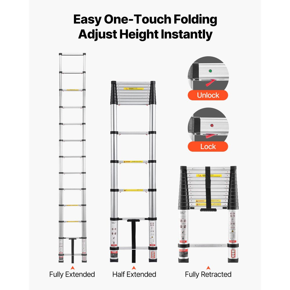 VEVOR 12.5ft Telescoping Ladder, Aluminum Lightweight Multi-Purpose Collapsible Extension, One-Touch Retraction Ladder, Heavy Duty 330LBS Max Capacity with Non-Slip Feet, for Home, Outdoor Work, Loft