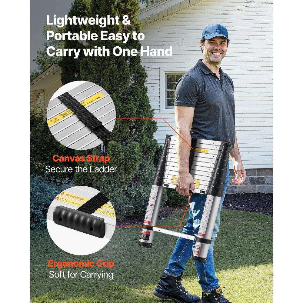 VEVOR 12.5ft Telescoping Ladder, Aluminum Lightweight Multi-Purpose Collapsible Extension, One-Touch Retraction Ladder, Heavy Duty 330LBS Max Capacity with Non-Slip Feet, for Home, Outdoor Work, Loft