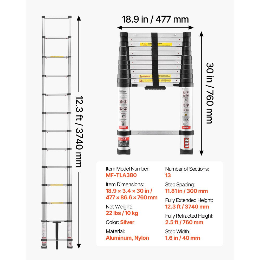 VEVOR 12.5ft Telescoping Ladder, Aluminum Lightweight Multi-Purpose Collapsible Extension, One-Touch Retraction Ladder, Heavy Duty 330LBS Max Capacity with Non-Slip Feet, for Home, Outdoor Work, Loft