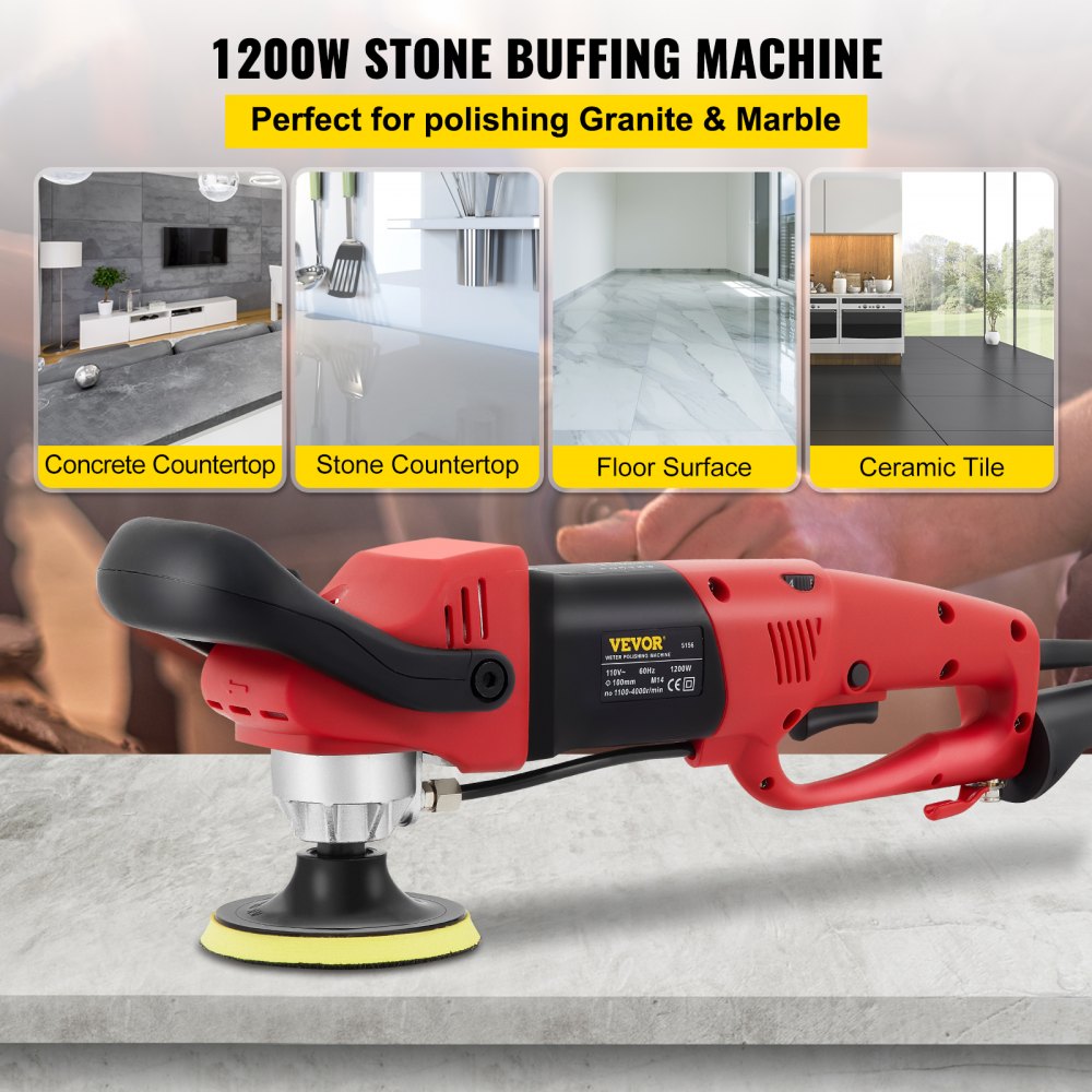 VEVOR Wet Polisher Grinder, 6 Variable Speed Buffing Machine & 8PCS Polishing Kit, with 4" & 5" Diamond Polishing Pads, Splash Shield, Concrete Stone Tool for Ceramic Tile Marble Stone Countertop